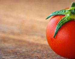 Small tomato on wooden surface.